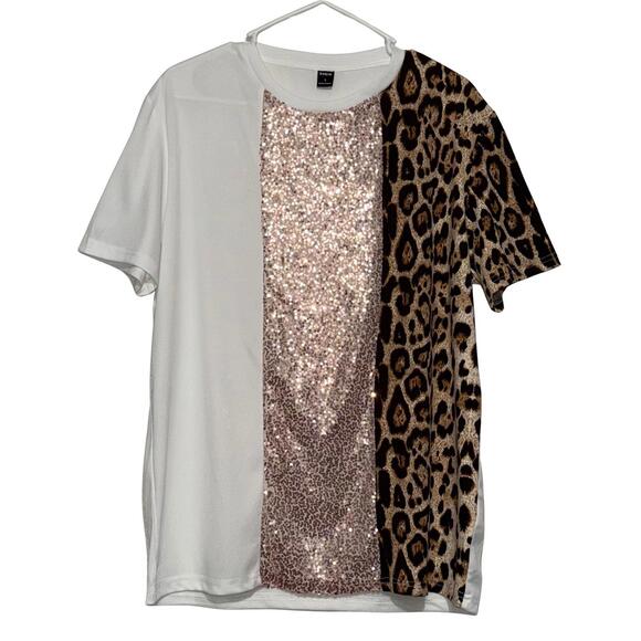 NWOT SHEIN Mens Leopard Panel Contrast Sequin T-Shirt - Picture 1 of 6